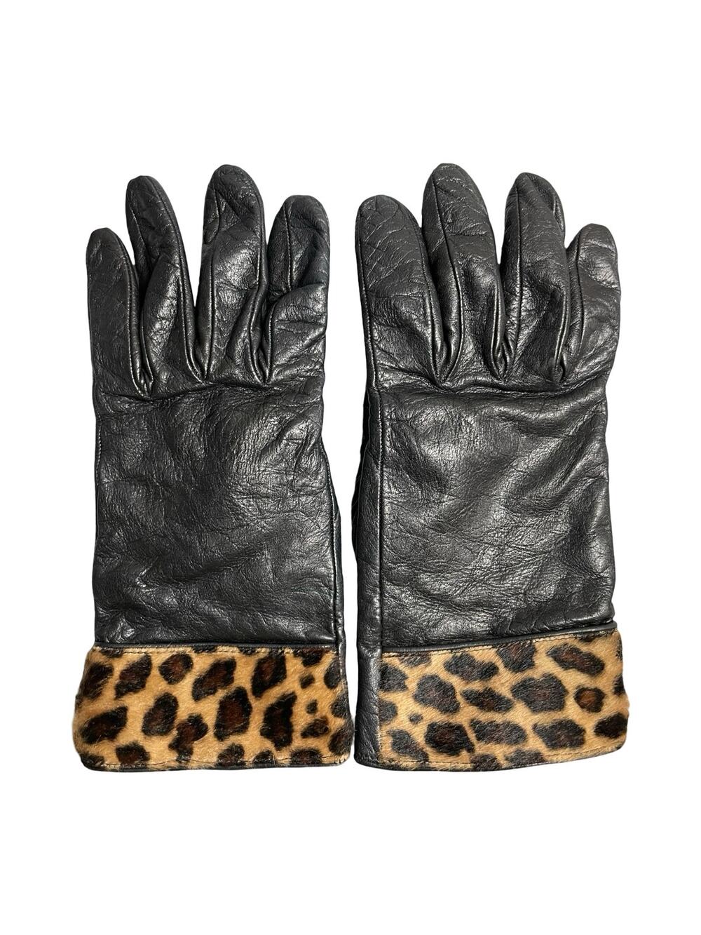 Portolano Women's Black 100% Leather Cashmere Leopard Faux Fur Gloves OS